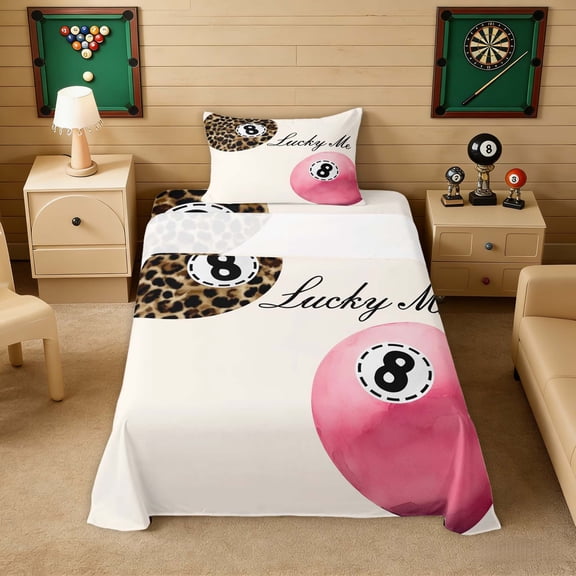 Erosebridal Leopard & Pink 8 Ball Print Twin Sheet Sets, Sports Monogram Bedding for Girls, 1 Flat Sheet, 1 Fitted Sheet and 1 Pillowcase