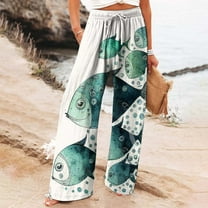 Green Women's Casual Pants, Women'S Vintage Art Print Cotton And Linen Casual Pants Casual Wide Leg Trousers With Pockets,Women's Casual Pants M