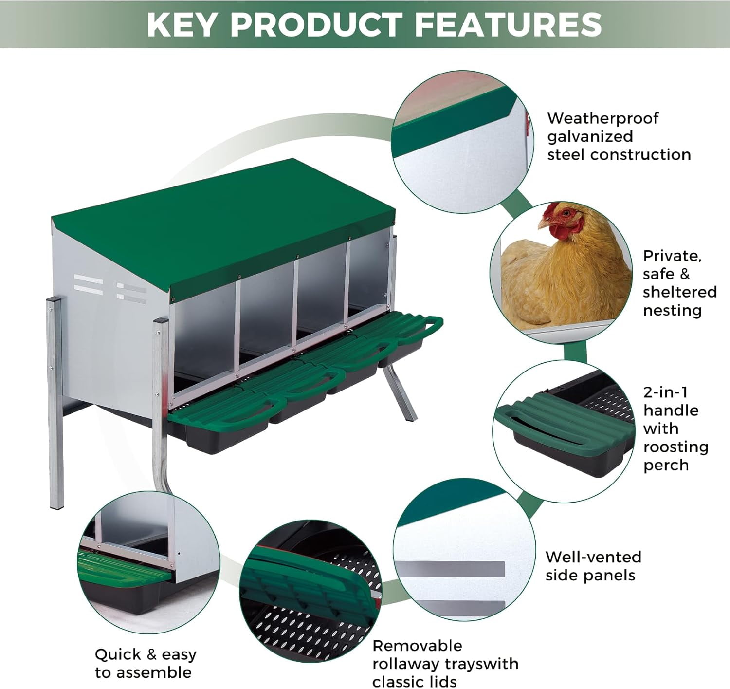 Sunvasagoo Zinc Alloy Chicken Nesting Box, 3/4 Hole Roll Away Egg Laying Box w/ Removable Tray, Wall Mount or Freestanding