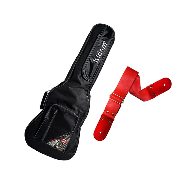 PAQUETE Estuche para guitarra eléctrica Funda para guitarra Gig bag, guitar case para trasporte y protección, color negro bordes grises + Tahali strap correa Kidam LISO ROJO