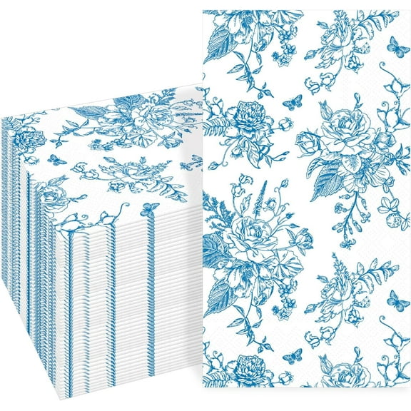 100 PCS Blue Floral Napkins for Bathroom 3 Ply Disposable Hand Towels Decorative Flower Guest Napkin Blue and White Chinoiserie Paper Napkins Bridal Shower Wedding Decorative Napkins