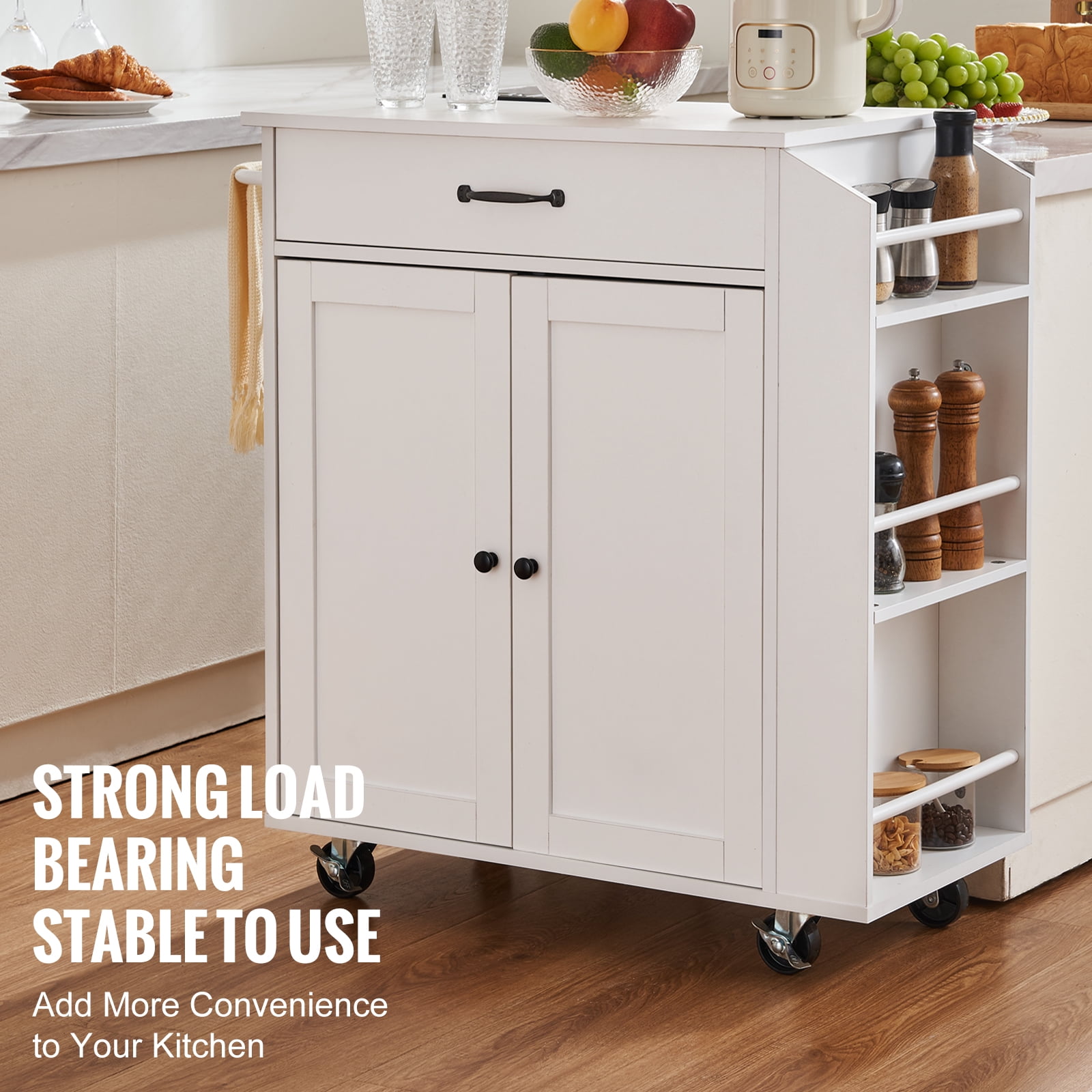KFFKFF Rolling Kitchen Island Cart, 32" Kitchen Storage Cart with Countertop and Drawer, Movable Table featuring Power Socket, Herb Holder, Towel Hanger, Modifiable Shelf, Drawer,Wheel-Mounted, White