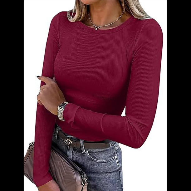 Camisetas de Larga para Mujer, Tops Ajustados de Punto Acanalado, Conjuntos de Otoño, Camisetas Informales, Ropa Interior, Ropa Interior, Vino Tinto M