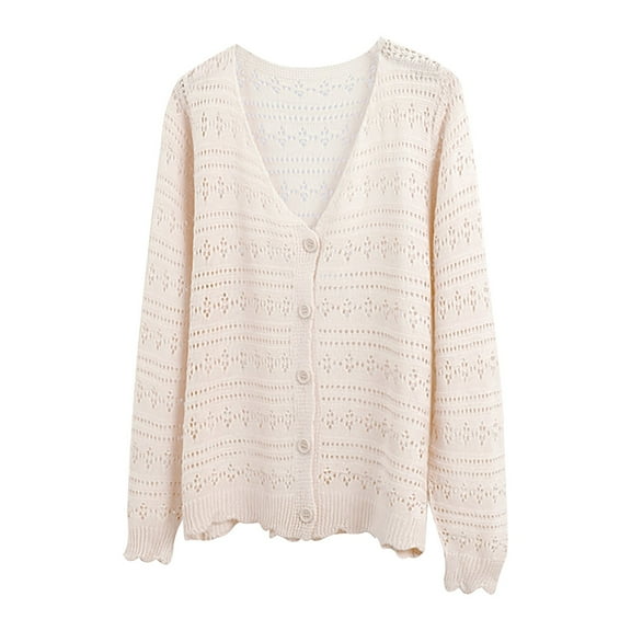 V-Neck Long-Sleeve Knit Cardigan – Breathable Cotton-Linen Open-Front Top, Solid Color Versatile Layering Piece (Blue, Black, Mint Green, Pink, White, Beige | M-XL) | Yubnlvae (Beige | L)
