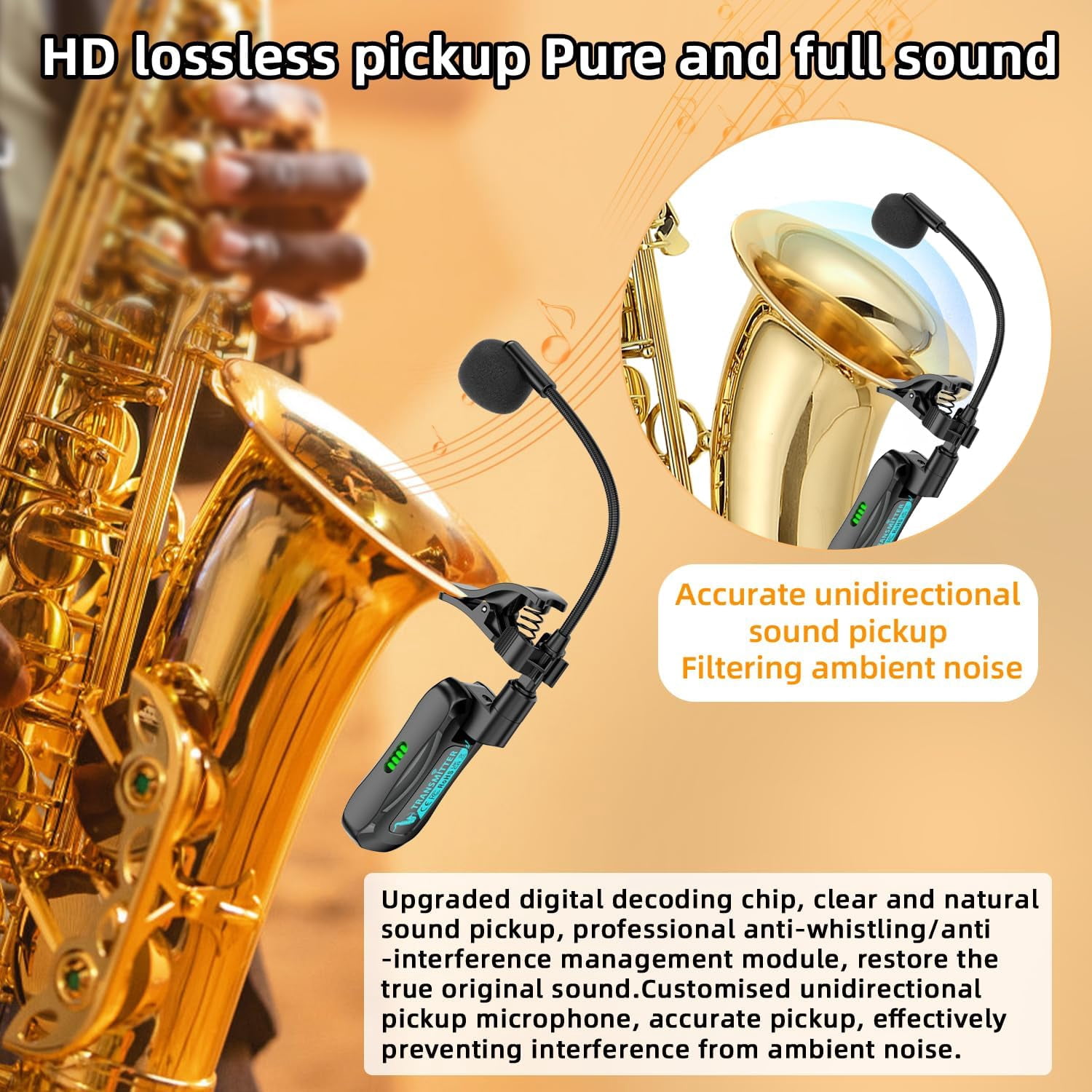 Wireless Saxophone Microphone System, Clip on Instrument Microphone, 2.4G Wireless Instrument Transmitter Receiver, 360° Adjustable Mic, Unidirectional Pickup, 100ft Range for Saxophone Trumpet, Blac