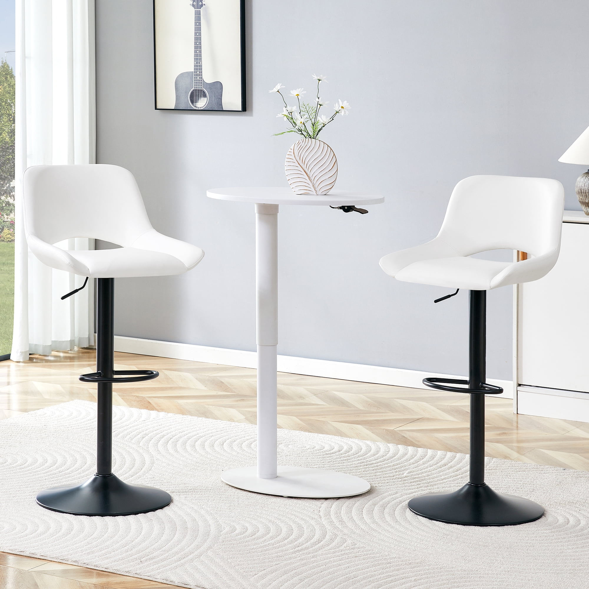 Mintazer Modern Bar Stools Set of 2, 360° Swivel PU Leather Bar Chairs with Circular Footrest & Adjustable Height, Counter Height Stools for Kitchen Island & Home Bar, White
