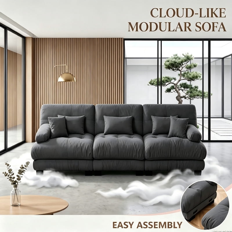 ANPPORT Cloud Couch Sleeper Sofa, Chenille Gray 3-Seater Modular Sofa, 3 Lumbar pillows, 2 Pillows, Comfy Deep Seat Cloud Sofa, Convertible L-Shaped Floor Couch for Living Room