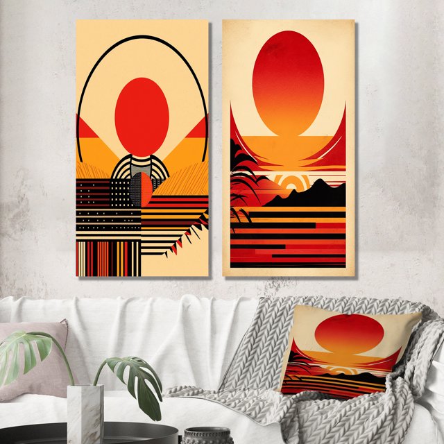Designart "Bold Red Sunset II" Coastal Sunset Wall Art Set Of 2 - Red Beach Canvas Set For Living Room Decor