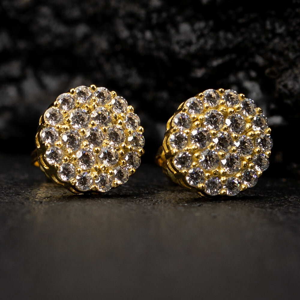 Yellow Gold Plated 925 Sterling Silver Screw Back Post Round Hip hop CZ Cluster Screw Back Circle Shape Ice Out Stud Earrings
