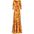 thumbnail image 2 of Bon Rosy, Women's, 3/4 Sleeve V-Neck Printed Maxi Faux Wrap Floral Dress, Orange Yellow, L, 2 of 4