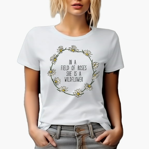 In a Field of Roses, She Is a Wildflower Quote with a Flower Wreath Art Merch Gift, White T-Shirt, Small