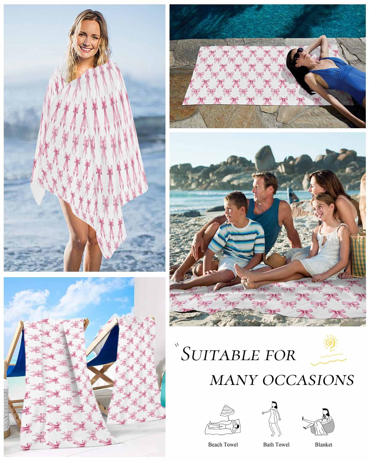 Cute Pink Bow Beach Towels Oversized Super Absorbent, White Sweet Modern Watercolor Lightweight Bath Towel Quick Dry Sets For Bathroom/Pool/Rv Camping/Beach Play/Gym Room/Picnic 23"x47"