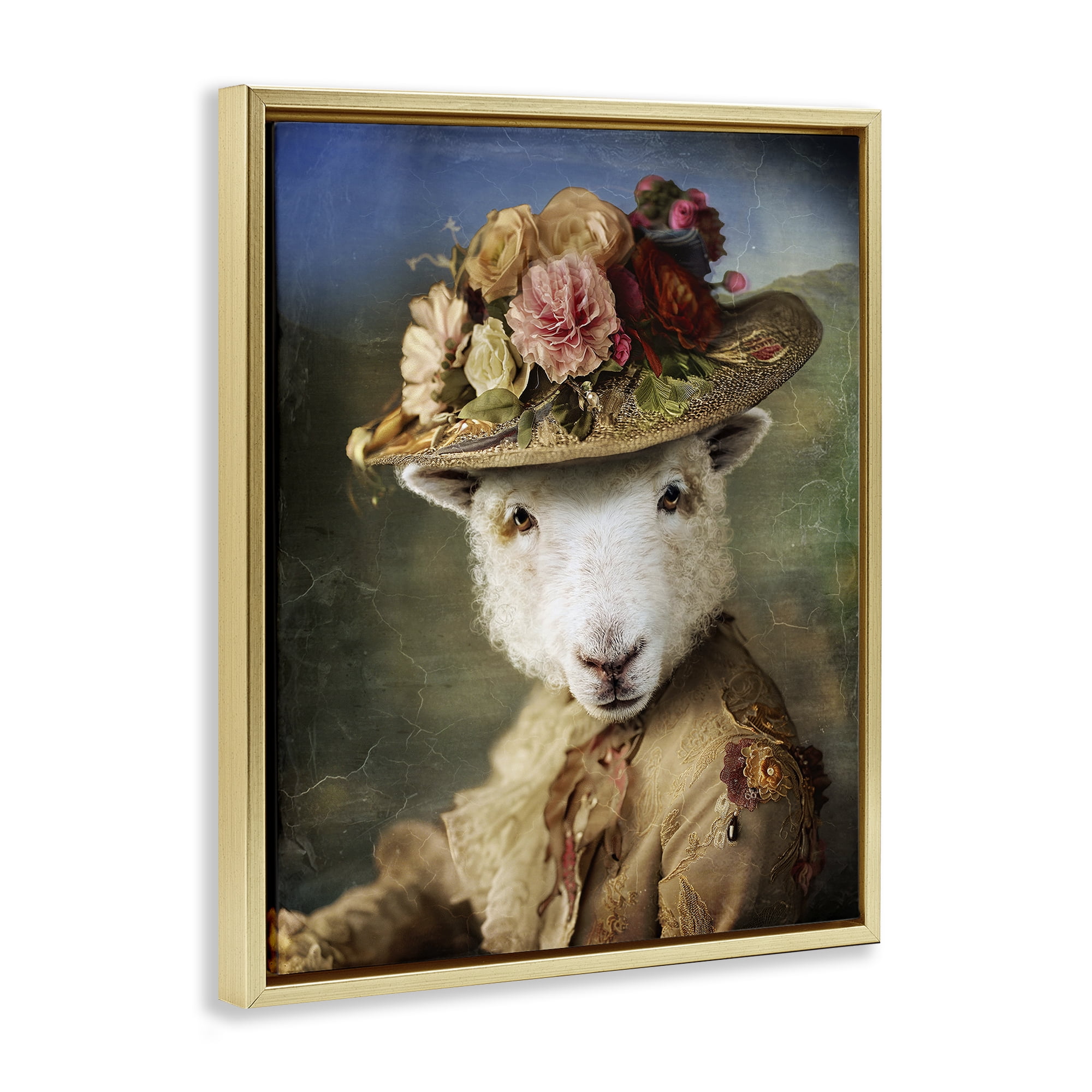 Stupell Industries Lamb with Floral Hat Animals & Insects Painting Gold Floater Framed Canvas Art Print Wall Art, 17 x 21