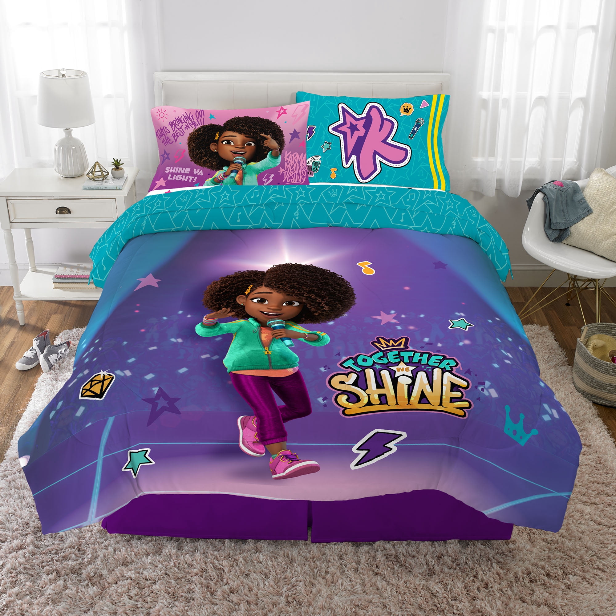 Karma's World Kids Full Bed in a Bag, Comforter and Sheets, Purple and Teal