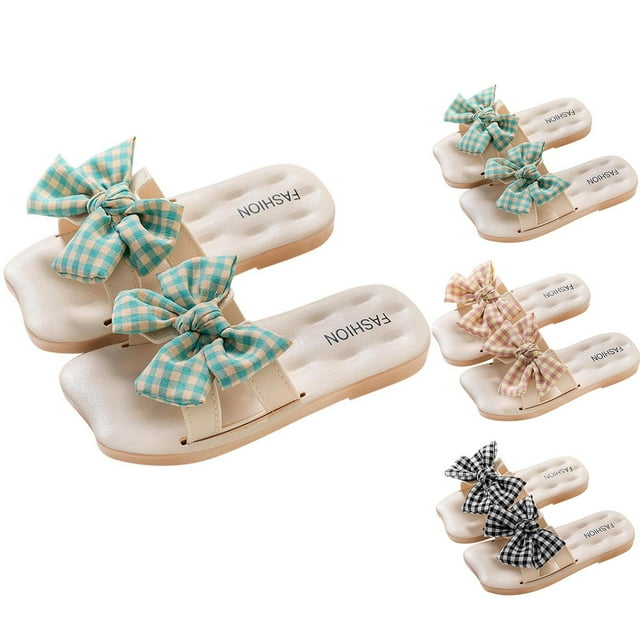 JDQJBZ Girl's Slippers Bow Mesh Print Princess Soft Sole Beach Slides Outdoor Summer for Kids