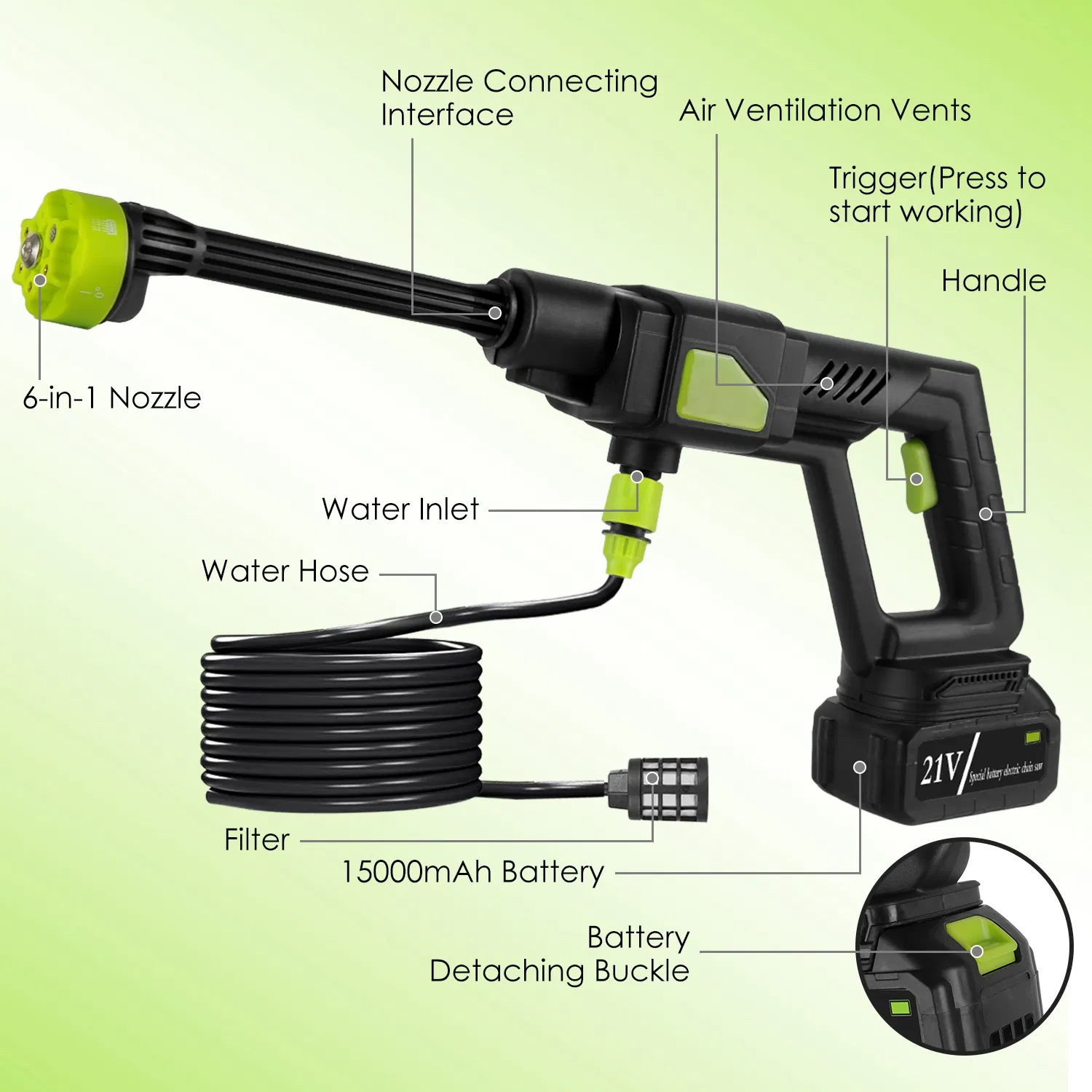 Cordless Pressure Washer Portable Electric Power Washer High Pressure Water Sprayer 435PSI Car Washer Cleaner with 6-in-1 Nozzle Foam Bottle Filter 15000mAh 21V Battery and Charger
