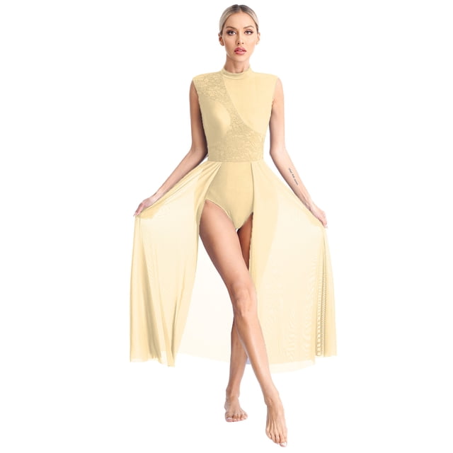Jizyo Robe de Danse Lyrique en Dentelle Florale Sans Manches Robe Justaucorps Moderne Contemporaine Champagne TTG