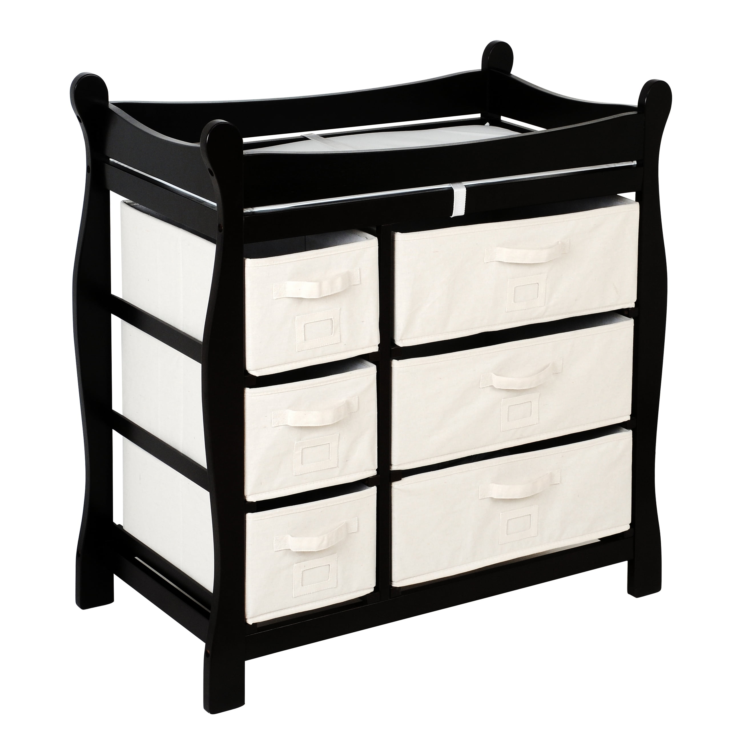 sleigh style baby changing table with 6 storage baskets and pad