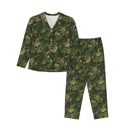 Jgfou Green Camouflage Skull Print Womens Pajamas Set Button Down 2 Piece Pjs Long Sleeve Sleepwear with Pockets-Medium