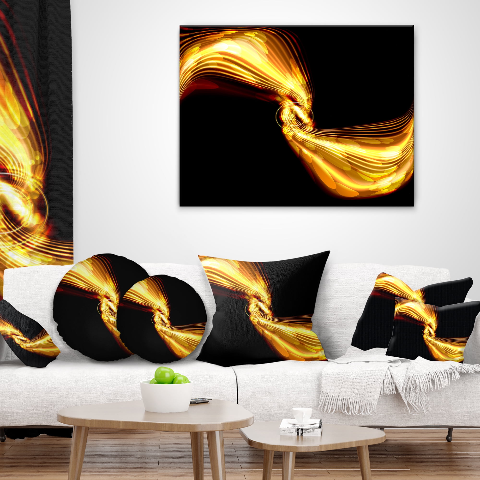 Designart Glowing Golden Lines and Circles - Abstract Throw Pillow - 12x20