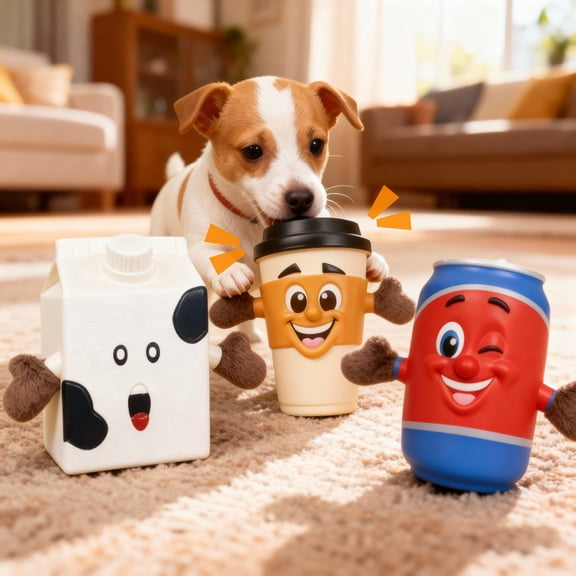 Latex Dog Toy, 3 Pack Squeaky Toys with Milk Cola Coffee Cup Design, Soft Puppy Balls for Durable Chewing Play