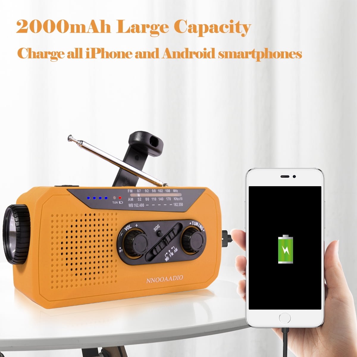 Emergency Radio, Solar Hand Crank AM/FM/NOAA Weather Radio with Bright Flashlight, SOS Alarm, 2000mAh Battery Power Bank, Headphone Jack for Emergency and Outdoor Activities