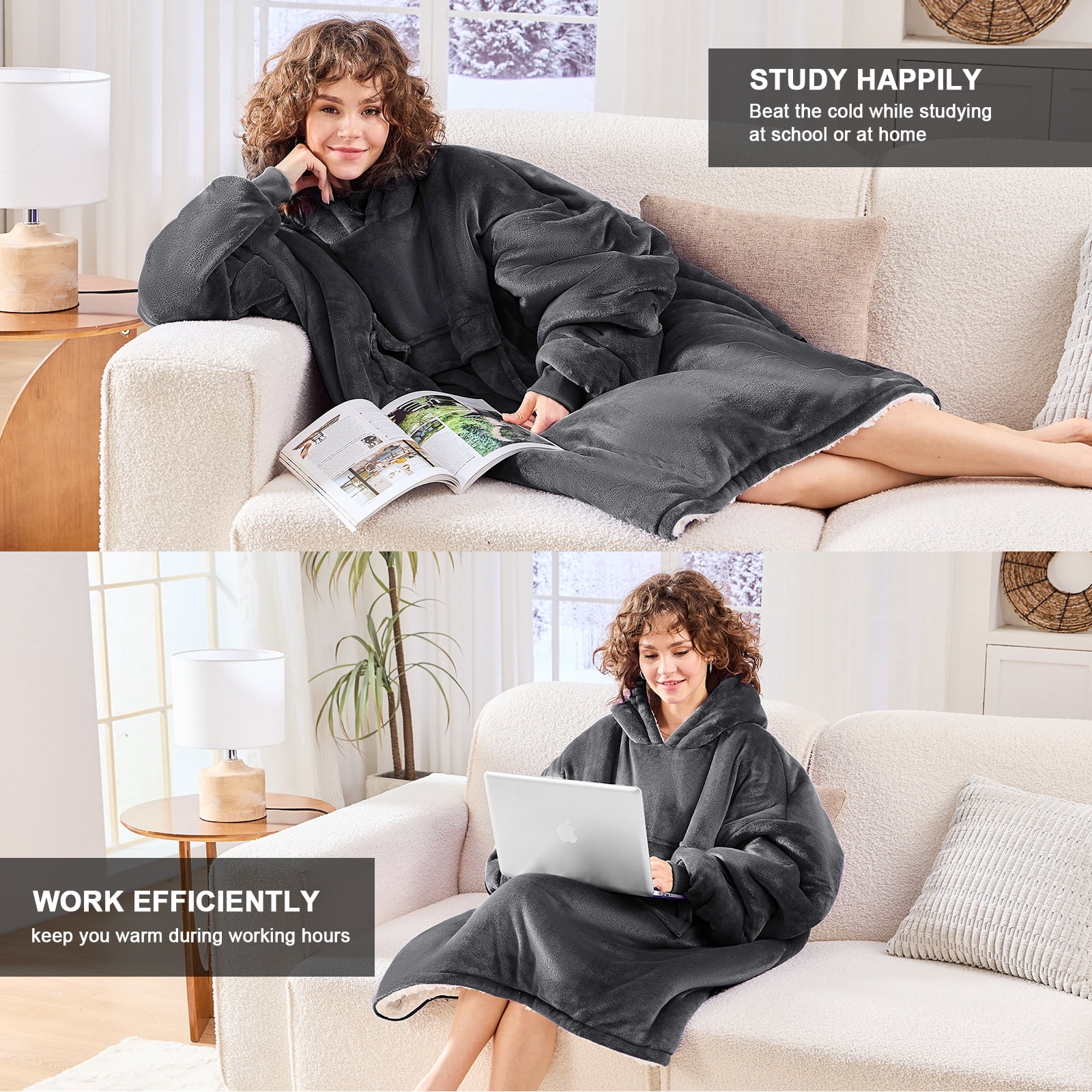 PMONPA Heated Wearable Blanket, Oversized Wearable Heated Blanket for Adult Extra Long Version, Sherpa Fleece Blanket Hoodie, One Size, Grey