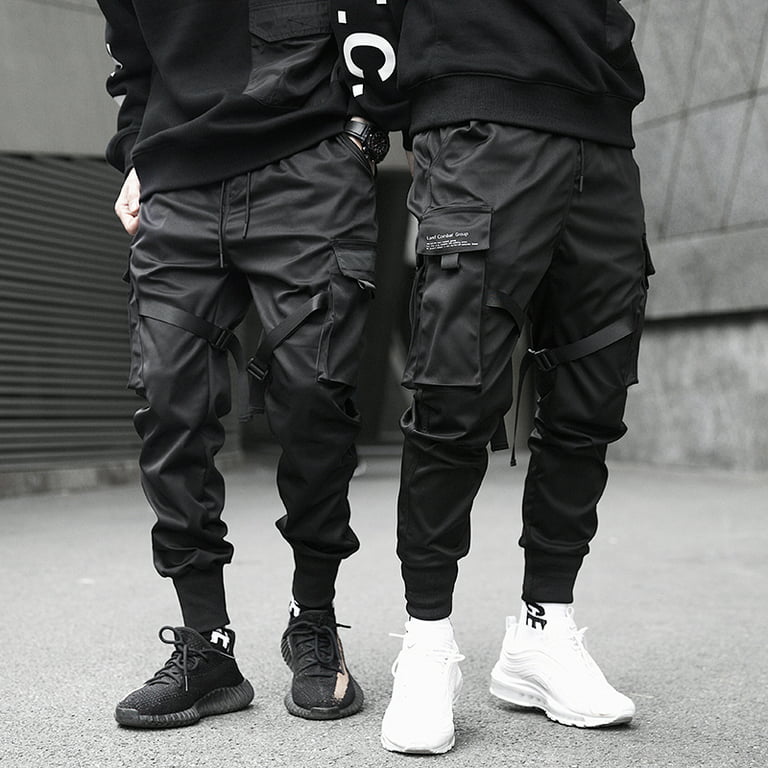 Men Cargo Pants Black Ribbons Block Multi-Pocket Harem Joggers