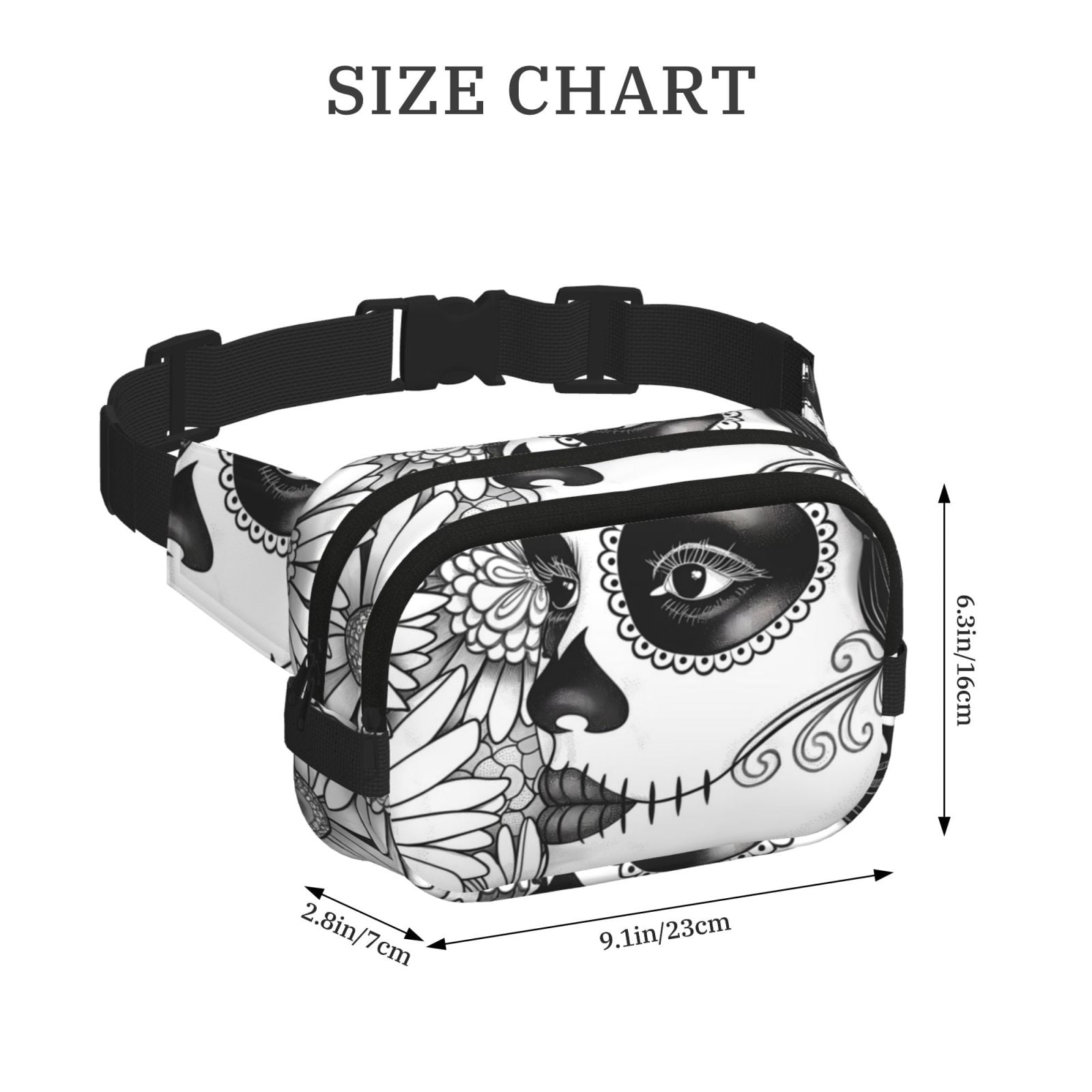 Fuzoiu Floral Sugar Skull Portrait Print Unisex Square Double Layer Waist Bag,Crossbody Fanny Pack Travel Workout Accessory