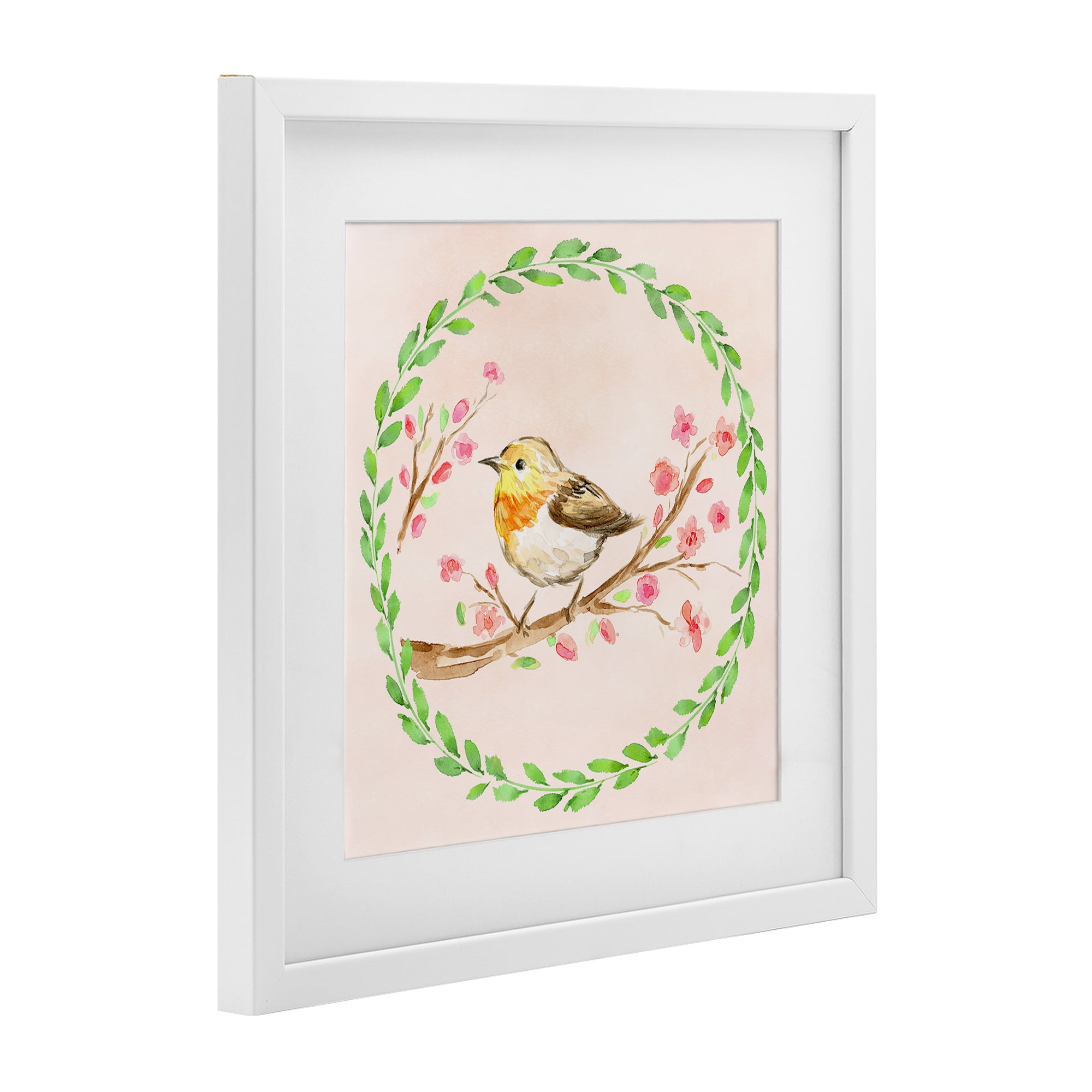 Spring Wreaths Bird White Framed Print Under Glass, design by Elena Fay