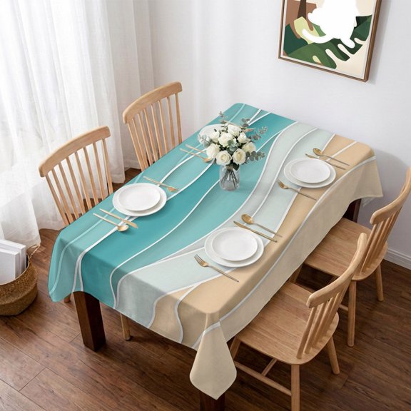 Turquoise Table Cloth Waterproof Tablecloths, Ocean Wave Stripes Modern Abstract Beach Tablecloth Dining Table Cover for Kitchen Party Tabletop Outdoor, Rectangle Tablecloth 60x84 Inch