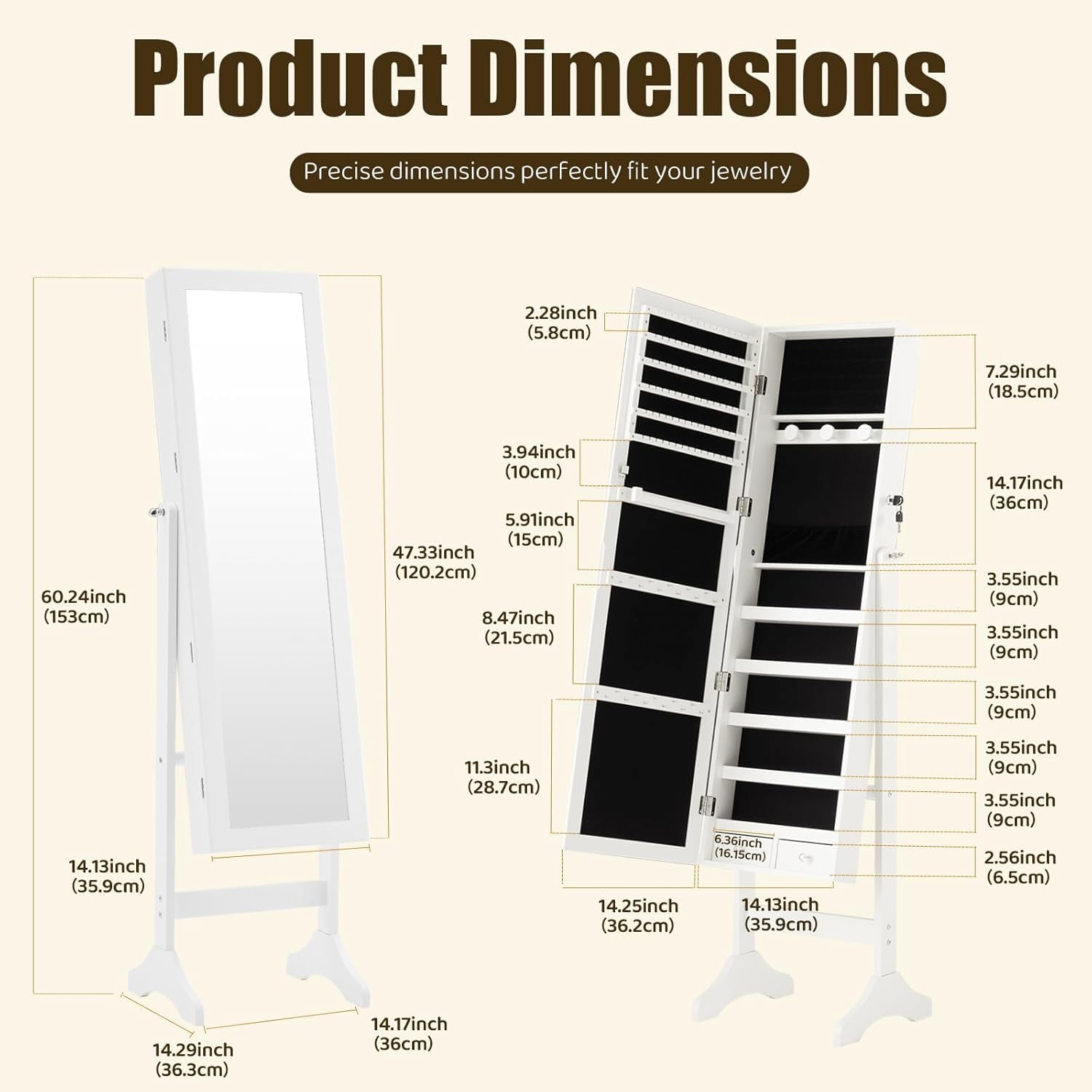 47.3'' Jewelry Armoire with Mirror, Freestanding Jewelry Cabinet with Lockable Design for Makeup Organize, White
