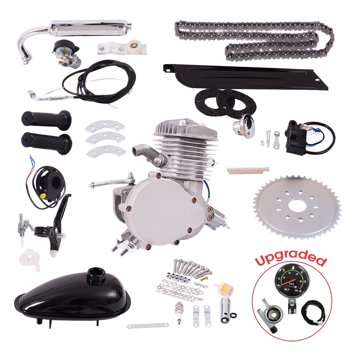 Full Set Bicycle Motor Kit 2 Stroke Petrol Gas Motor Engine Kit Set Boddenly Complete Engine Kit W/Upgraded Chain Tension Silver for 80cc 2 Stroke Gas Motorized Bicycle Bike Motorized Bicycle Kit 