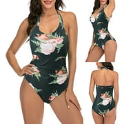 BEFOKA Swimming Suits for Women Fashion Casual Thin Polka Floral Printing Bandage Conservative Sexy One-Pice Swimsuit Green L