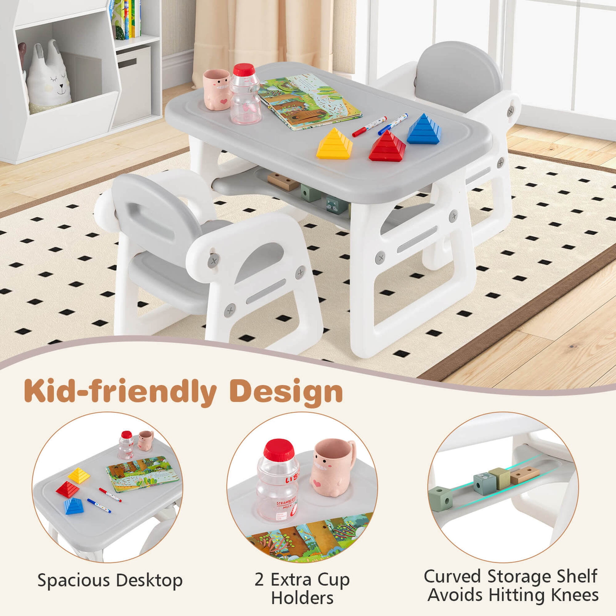 Costway 3-Piece Kids Table and Chair Set Toddler Activity Study Desk with Building Blocks Gray