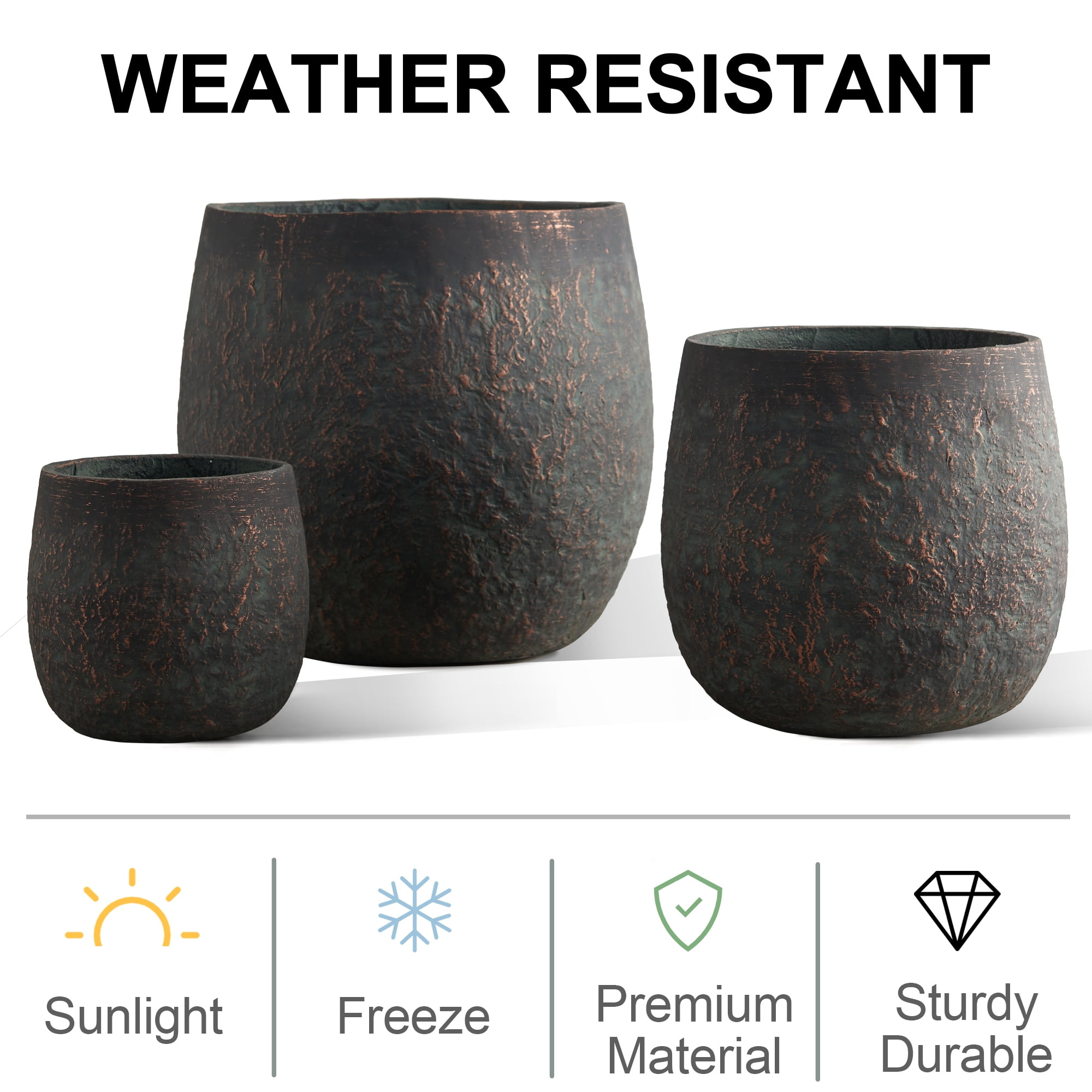 Wallowa 17.7"+13"+9.1" Dia Round Weathered Concrete Planter set of 3, Flower Pots with Drainage Holes for Indoor or Outdoor, Bronze Rust