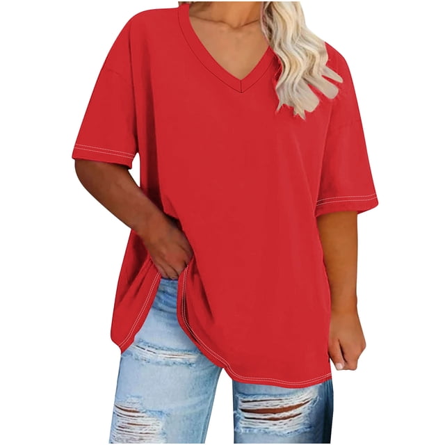 Hecho para Más Camisa Mujeres de Cuello en V de Gran Tamaño de Manga Corta Top Sólido, Base de Verano Deportivo Tee para el Uso Diario Y Casual Del Hogar, Bastidor de Imitación Ligero