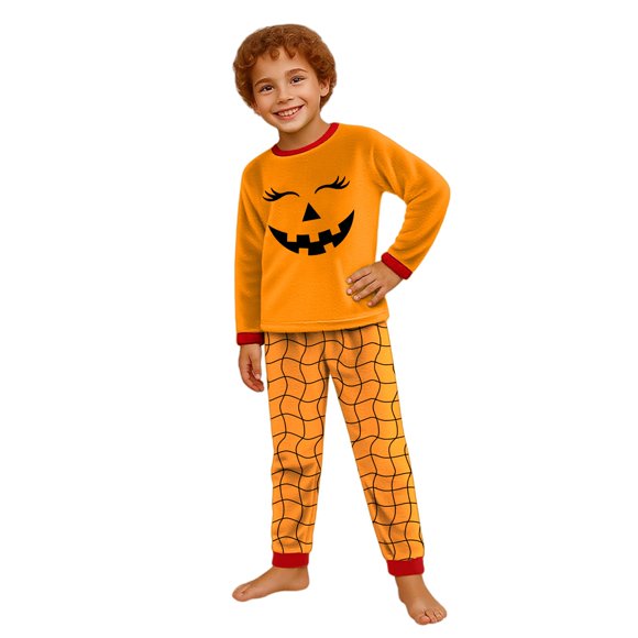Family Halloween Matching Pajama Set, Soft-Touch Snuggle Comfort Frosty Storytime Essential 2-Piece Pullover Top Pants for Men Women Kids Baby, Round Collar Elastic Waist - Child, Orange 3Y
