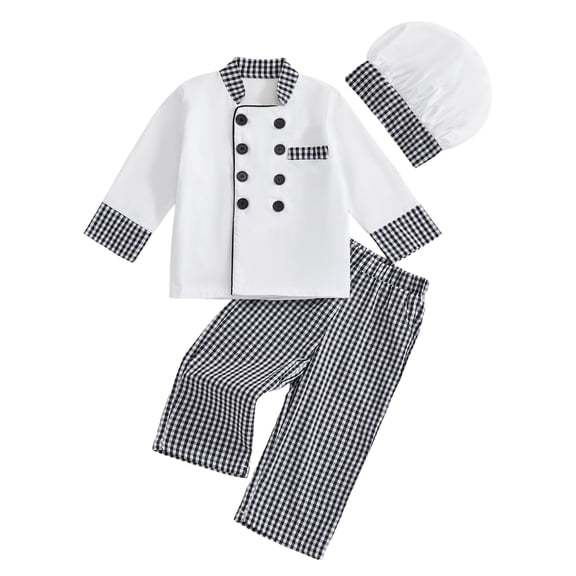 RUINIXCW Kids Chef Costume Halloween Costume Toddler Baby Boy Career Day Baker Costume Long Sleeve Button Down Top Pants Hat Set Role Play Outfits