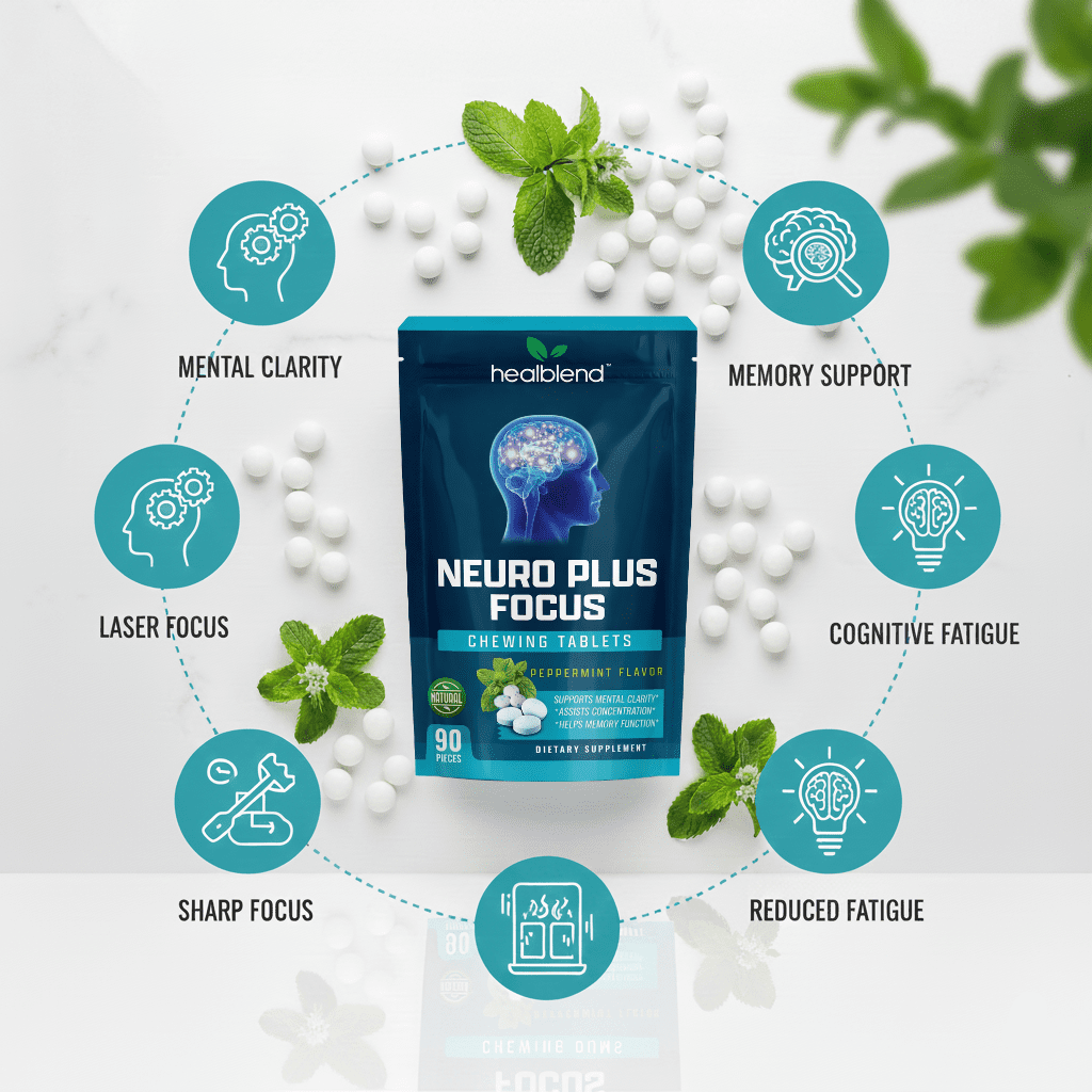 Healblend Neuro Plus Focus Chewing Tablet - Peppermint Flavor - Nootropic Energy Tablet with Caffeine, L-Theanine, Rhodiola - Supports Memory, Mental Clarity & Concentration - 90 Pieces (2 Pack)