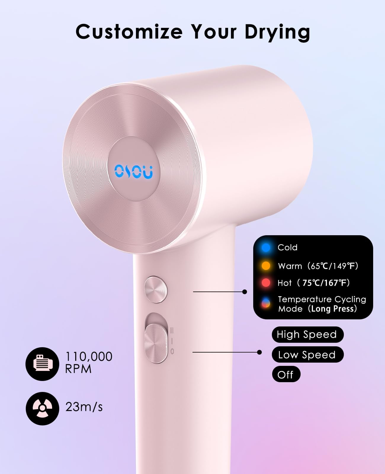 Negative Ionic Hair Dryer with 110,000 RPM Motor - High-Speed Lightweight Blow Dryer for Travel & Home Use, Fast Drying Low Noise Hair Drier with Smooth Nozzle, Pink