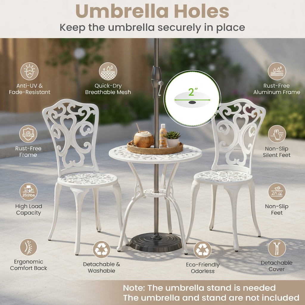 Hommoo 3-Piece Cast Aluminum All-Weather Bistro Set, Patio Table & 2 Chairs with 2-Inch Umbrella Hole, Rust-Resistant Outdoor Furniture for Garden, Poolside & Balcony, White