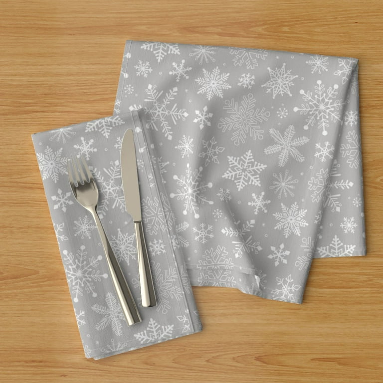 12 Christmas Snowflake Cloth Napkin Set White Silver Shimmer Gray Winter  Holiday