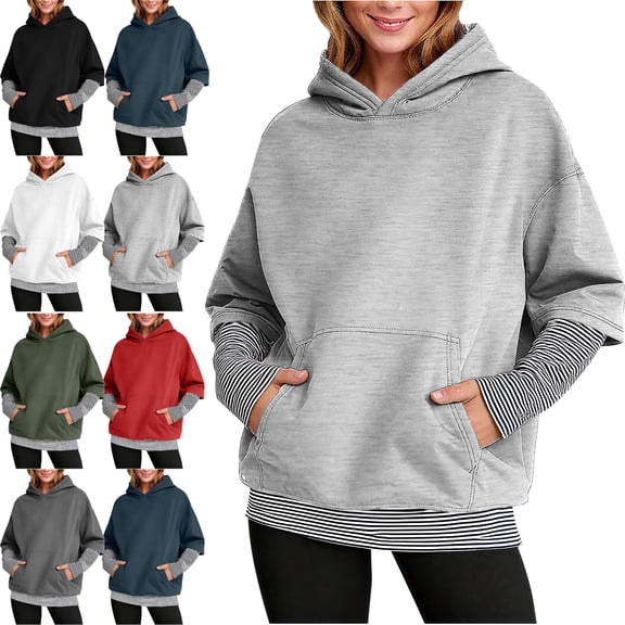 SYwaren Oversized Hoodie for Women Fake Two Piece Long Sleeve Striped Casual Sweatshirt Solid Color Tops