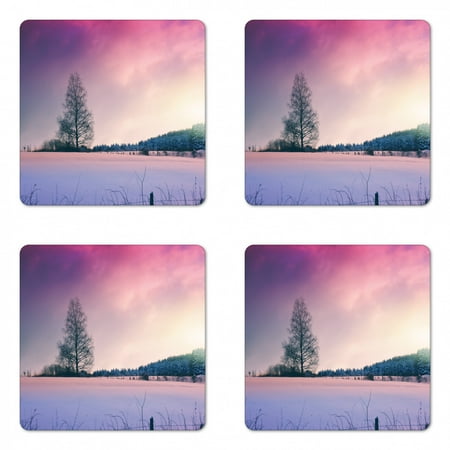 

Tree Coaster Set of 4 Romantic Scene of Snowy Frozen Field with Violet Pink Sky Square Hardboard Gloss Coasters Standard Size Pink Quartz by Ambesonne