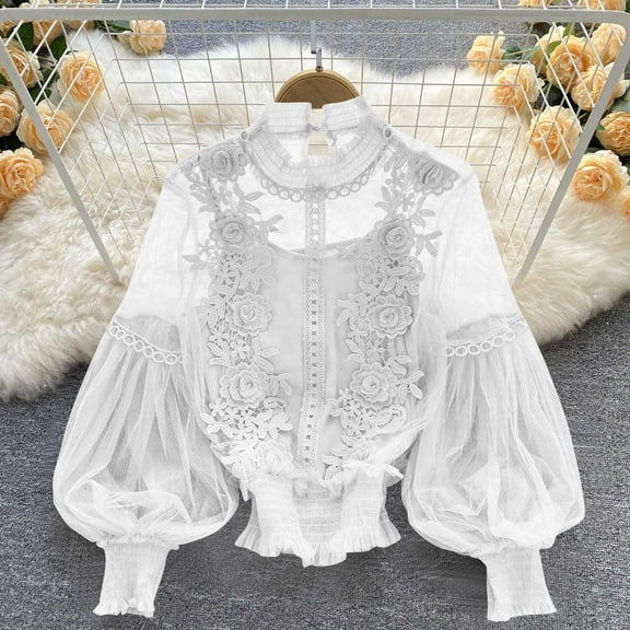 QUNYINEY Lace Women’s Blouses Puff Long Sleeve Mesh Casual Shirts Slim Pullover Crewneck Tops