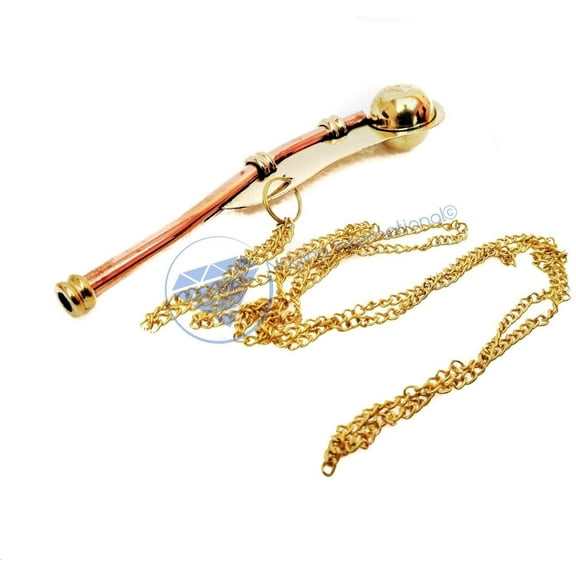 Boatswain's Brass Crafted Bosun's Pipe Whistle With Chain & Handcrafted Rosewood Anchor Inlayed Case | Pirate's Decor Collection | Maritime Decor | Nagina International (Brass Polished)