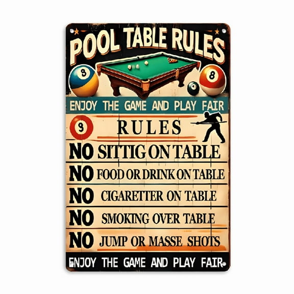 Wllo0ord Vintage Pool Table Rules Metal Tin Sign - 8x12 Inch Retro Wall Decor for Home, Bar, Cafe, Office & Farmhouse - Rustic English Etiquette Sign for Billiard Hall with No 1-9 Rules for Pool
