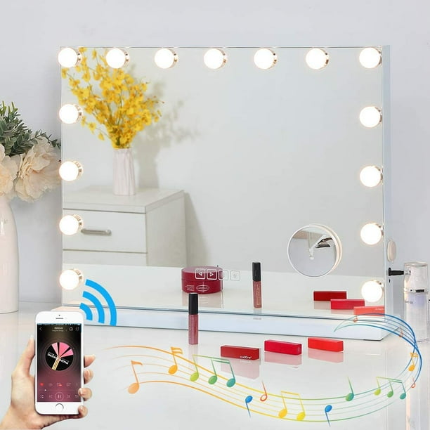 FENCHILIN Bluetooth Large Hollywood Vanity LED Lighted Makeup Mirror Metal 3 Lights (22.8" x 18.
