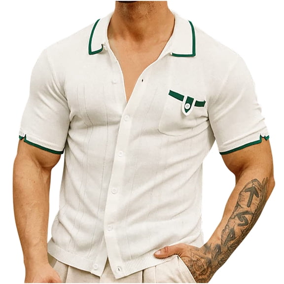 WREESH Men's Business Casual Button Down Shirts Knitwear Woolen Shirt with Pocket, Short Sleeve Solid Color White